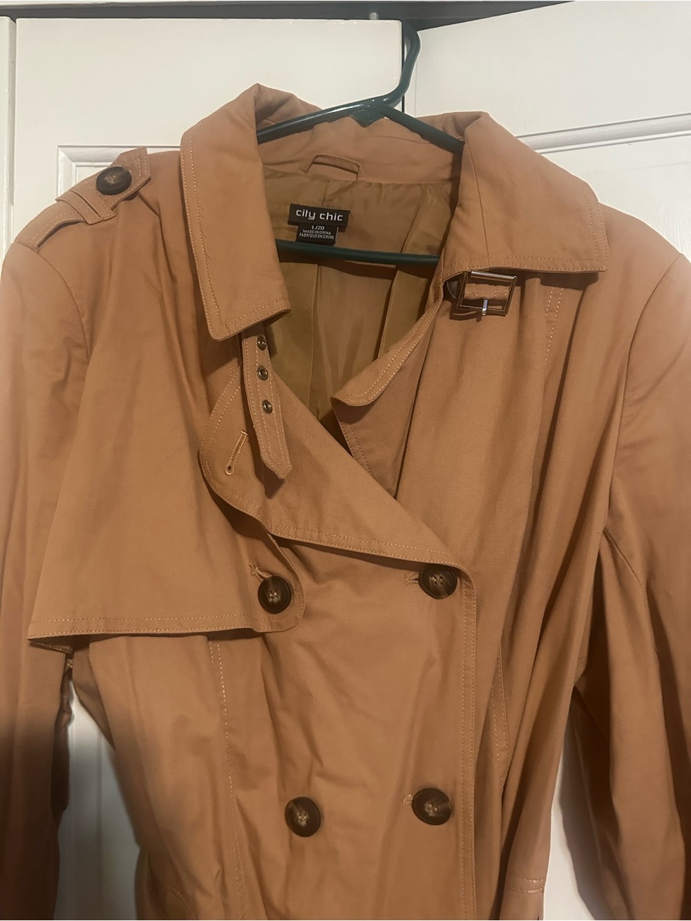 City Chic Camel Tan Double-Breasted Trench Coat, light cotton